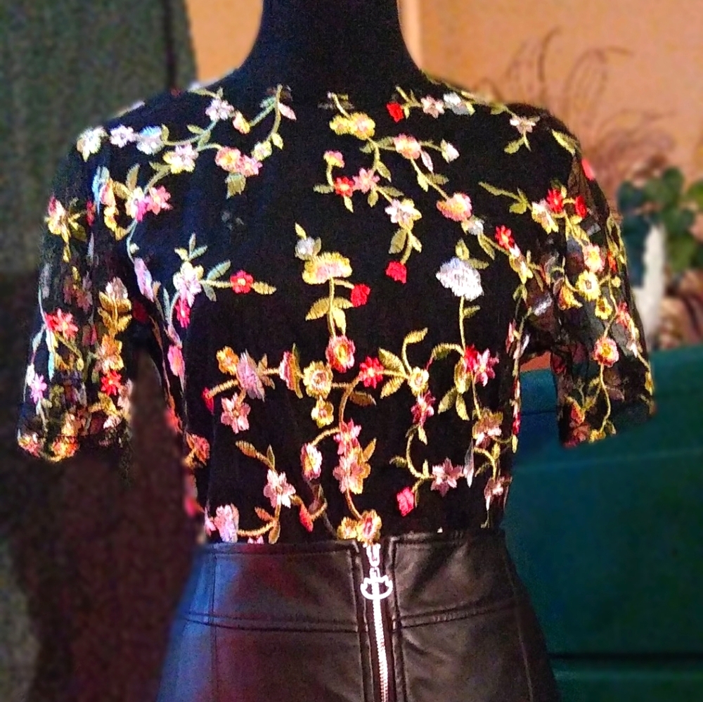 Floral Embroidered Black Sheer Top